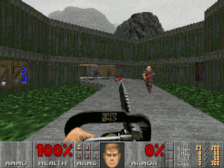 Screenshot from Doom, where you play a nameless marine killng zombies with a chainsaw.