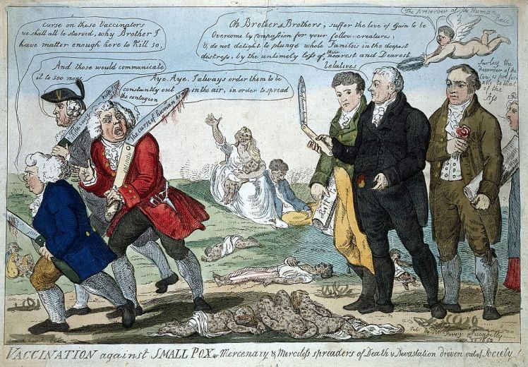 Jenner and his two colleagues seeing off three anti-vaccination opponents. The dead are littered at their feet. Coloured etching by I. Cruikshank, 1808. Credit: Wellcome Trust.